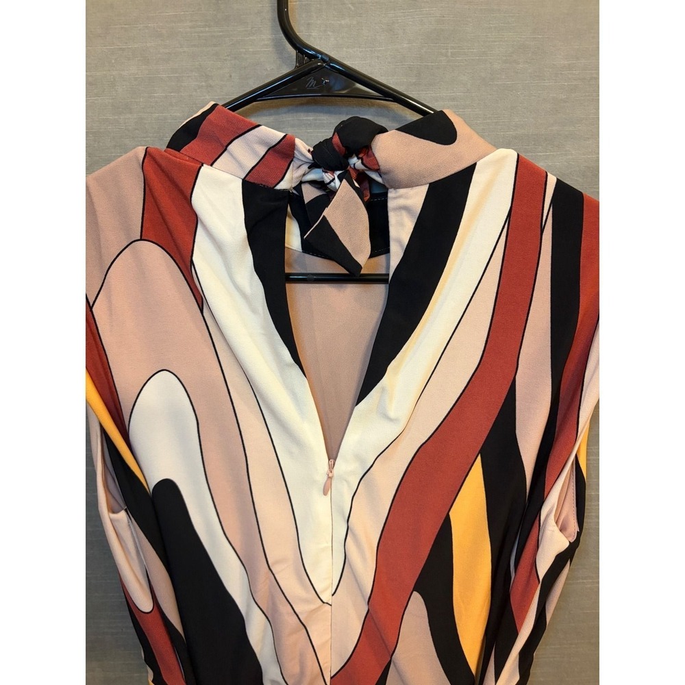 S 26. Donna Morgan Abstract Swirl Midi Dress Mock Neck Tie Back Retro Mod Size 4 - Picture 4 of 6